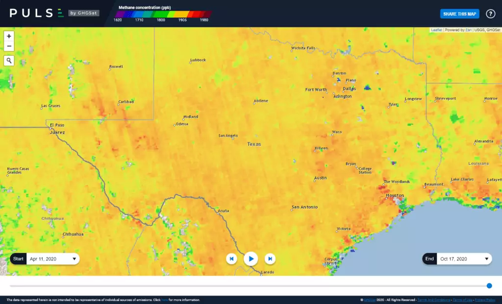 Satellite map from GHGSat PULSE showing methane concentrations in Texas.