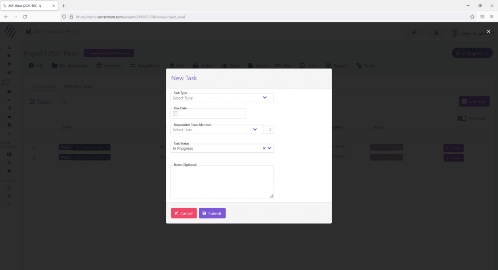 Current SCM Notifications Management view