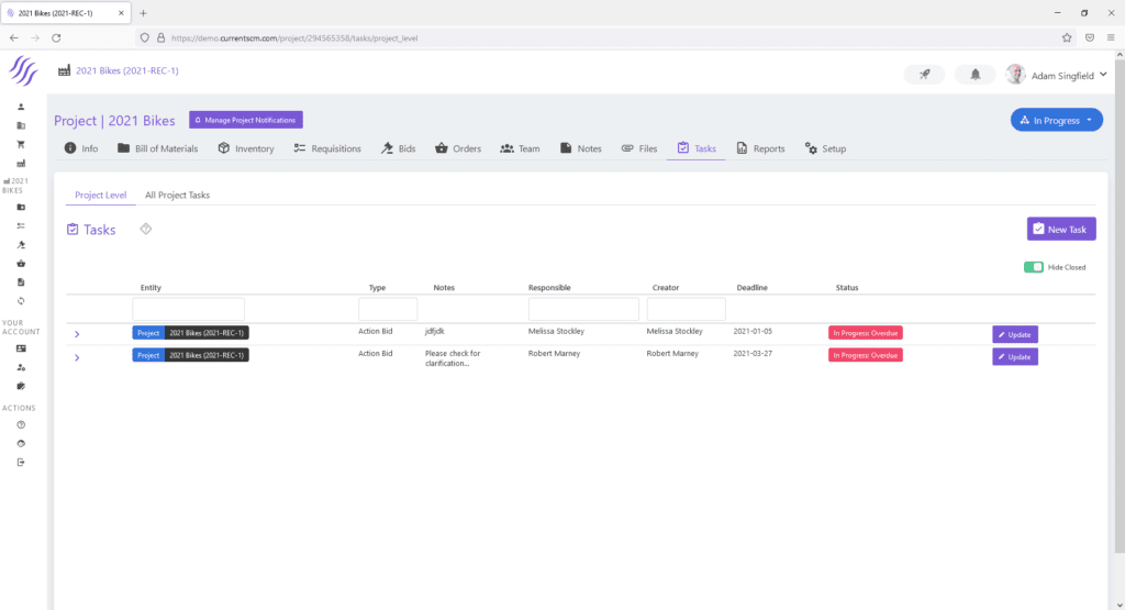 The Tasks view of a project in Current SCM