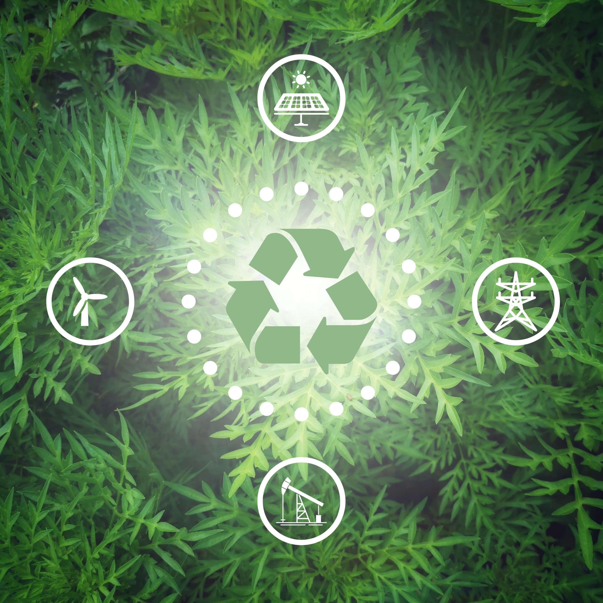 Recycling symbol with renewable energy icons over greenery