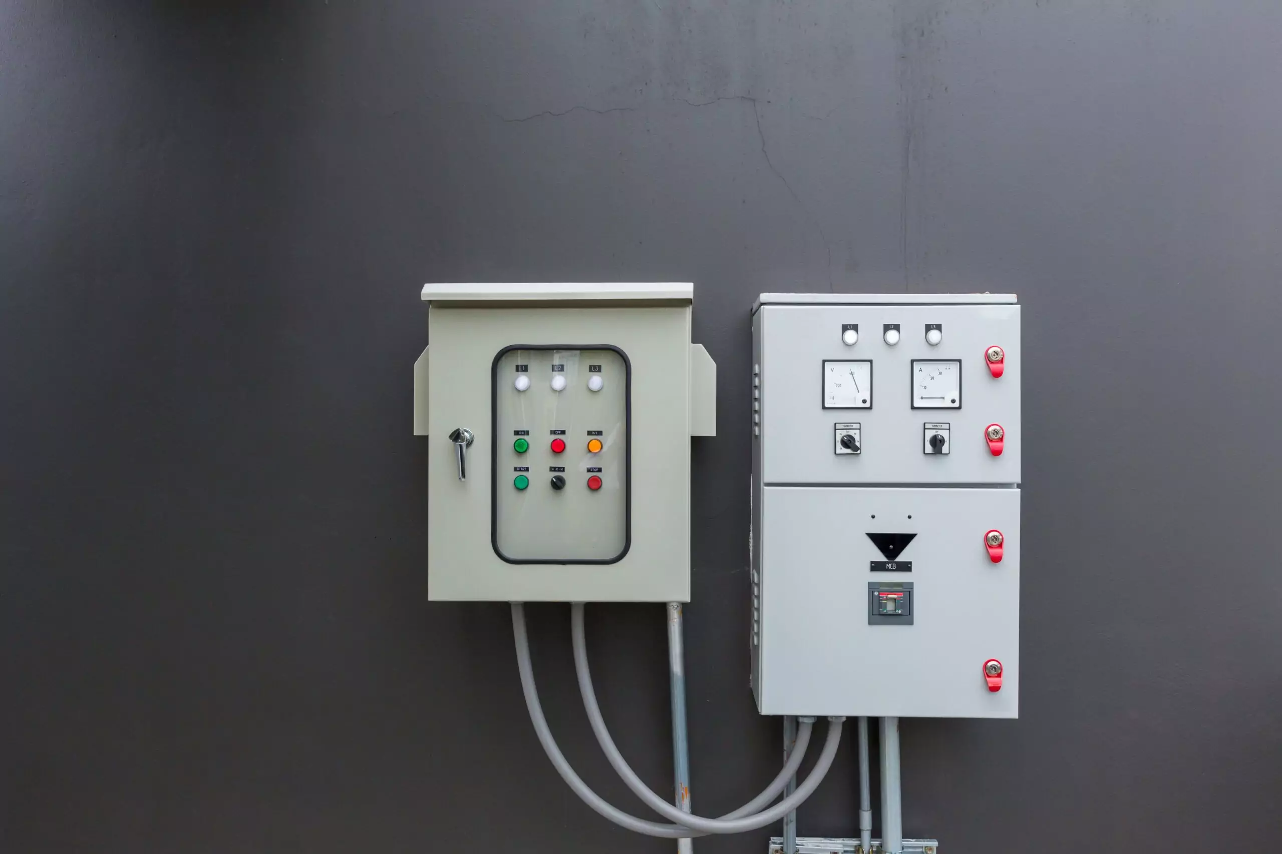 Outdoor electrical enclosures with control panels and circuit gauges mounted on a grey wall