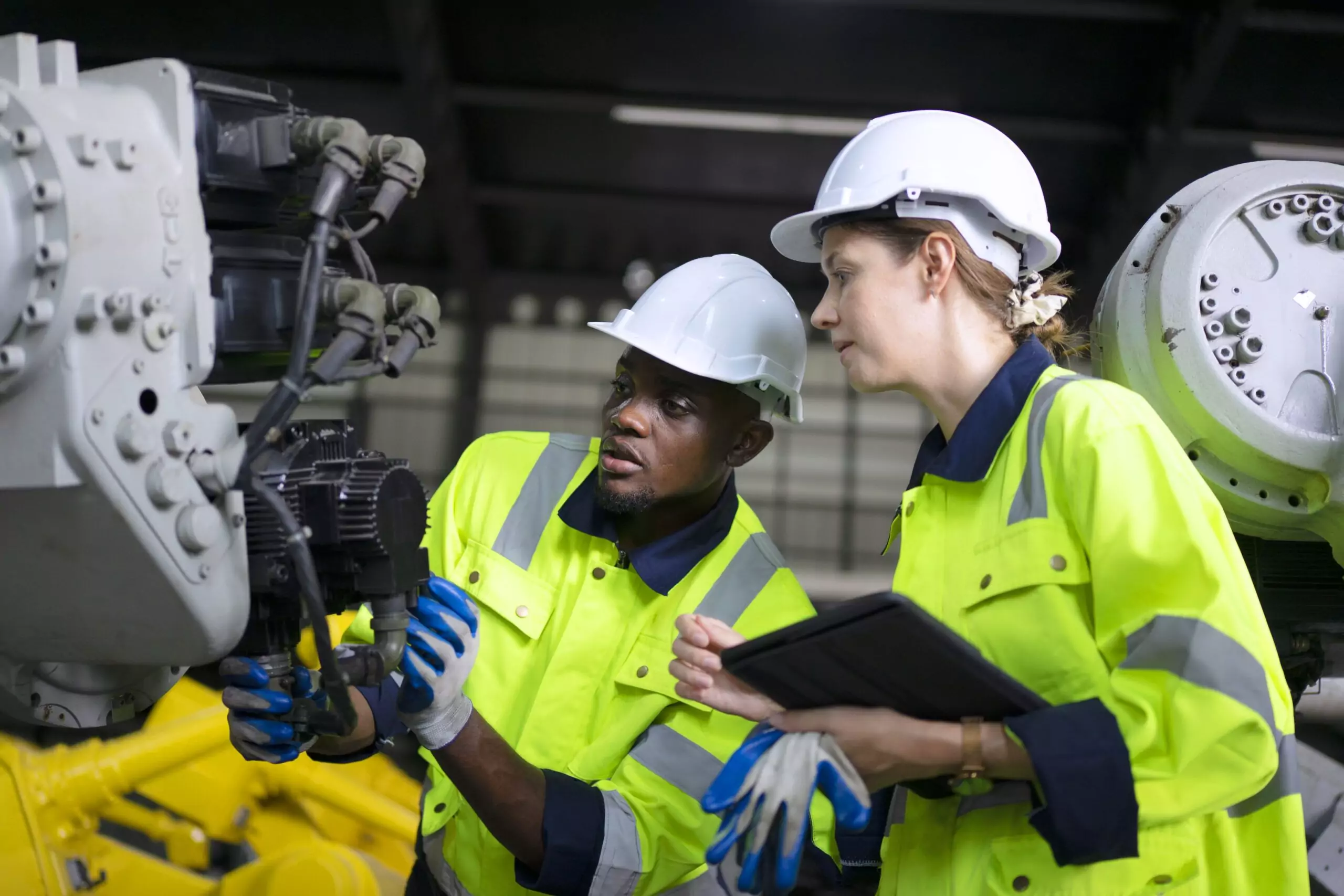 instrumentation engineer work at robotic arm factory.