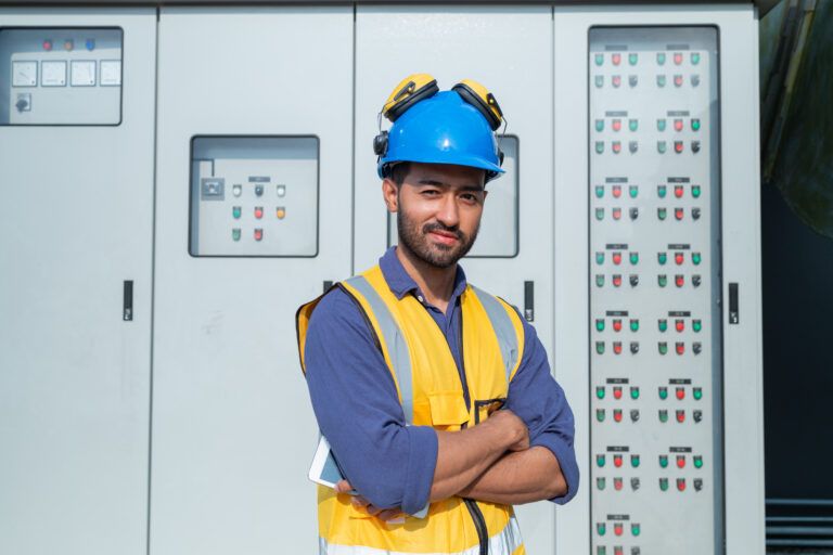 Electrical engineer in PPE standing confidently in front of an industrial control panel.
