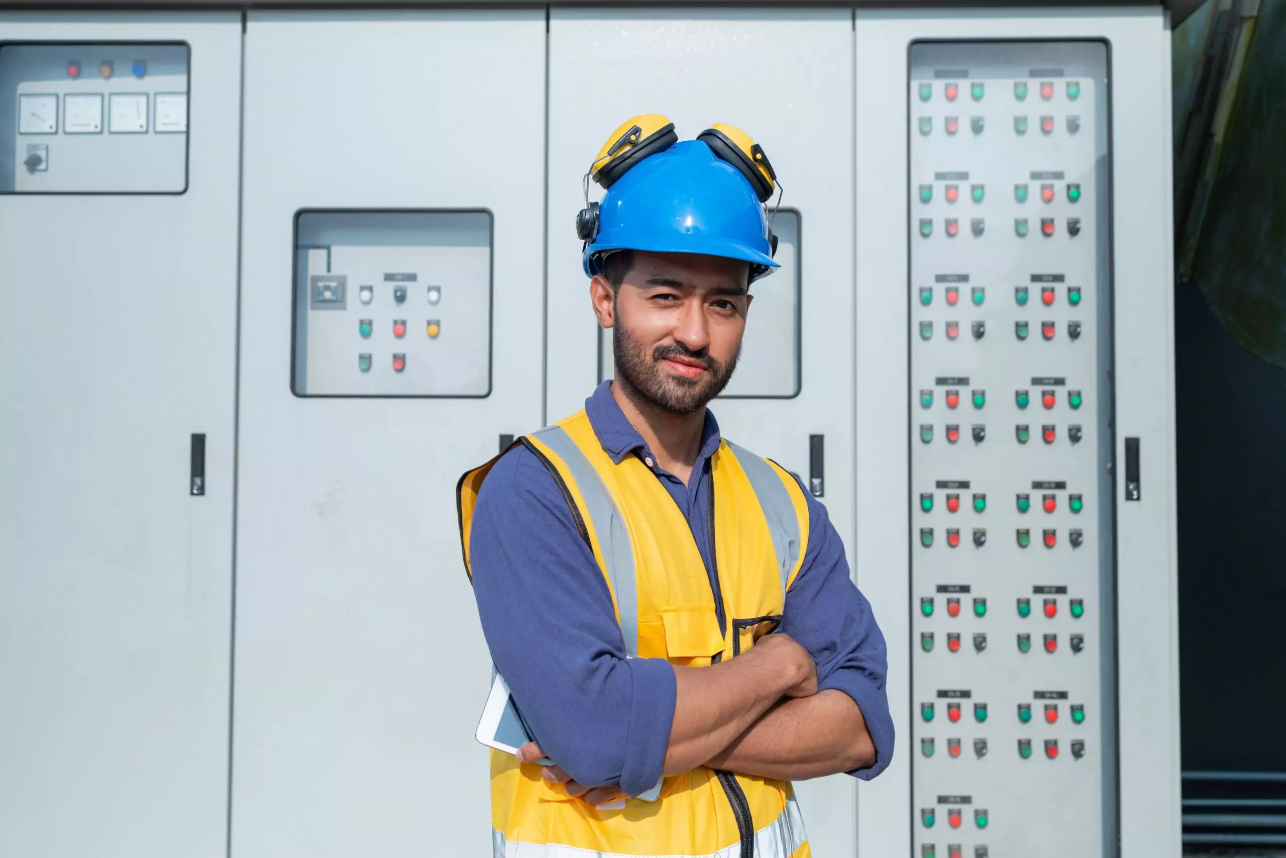 Electrical engineer in PPE standing confidently in front of an industrial control panel.