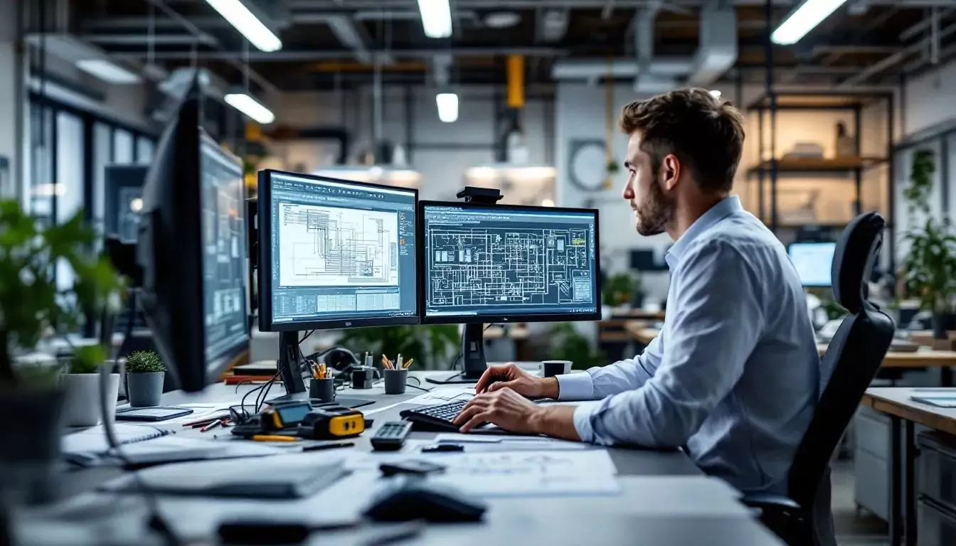 Electrical designer using CAD software to create detailed electrical schematics and system diagrams on dual monitors