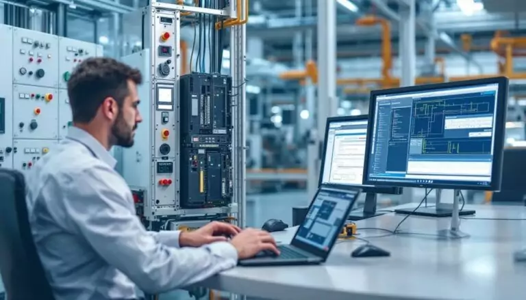 Industrial engineer programming PLC control logic on computer with ladder diagrams in modern automation facility