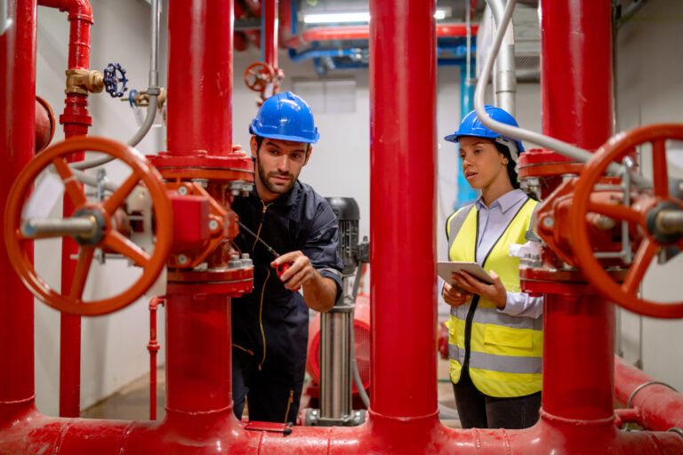 Two industrial professionals in blue hard hats inspect red piping and valve systems in a mechanical room using tools and a tablet.