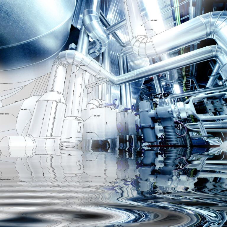 Conceptual piping system design blending technical drawing and industrial photography in an energy facility