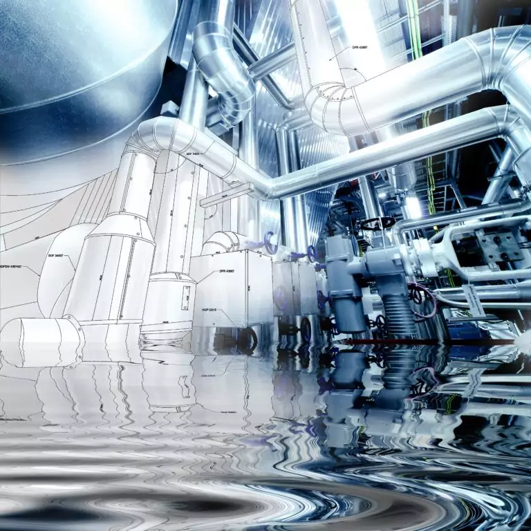 Conceptual piping system design blending technical drawing and industrial photography in an energy facility