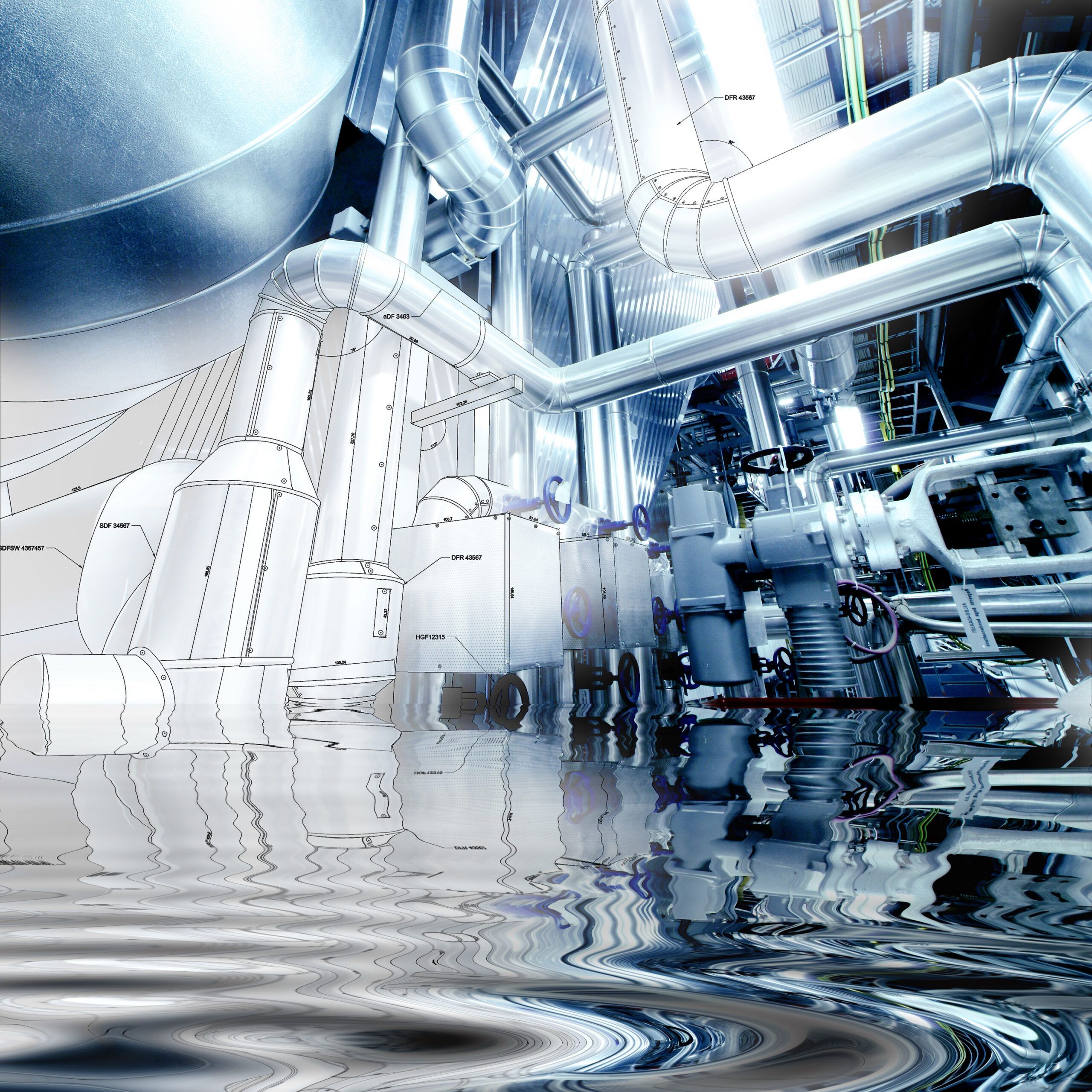 Conceptual piping system design blending technical drawing and industrial photography in an energy facility