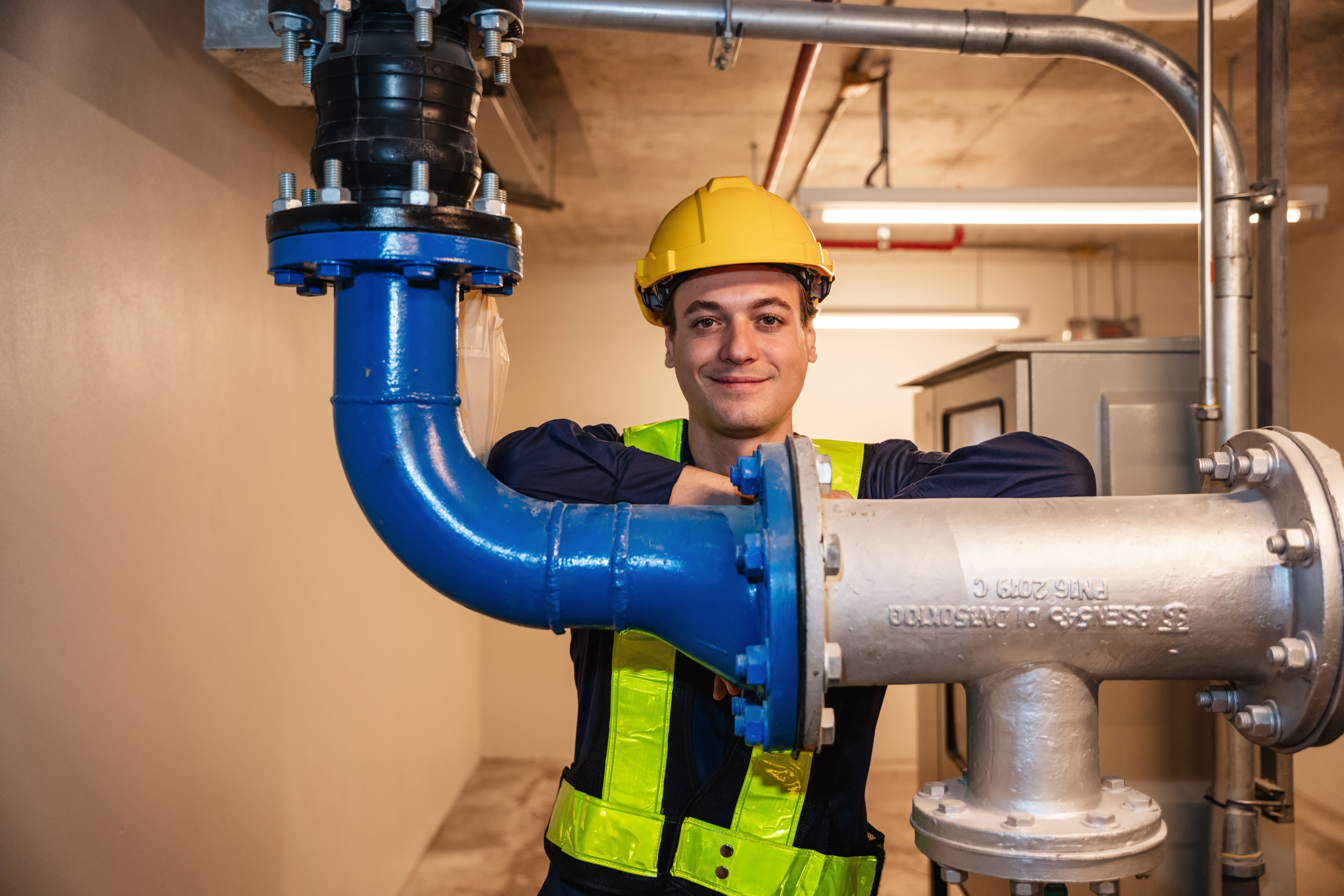 Industrial piping professional in safety gear stands behind high-pressure pipe assembly labeled ASTM A-105 in a mechanical facility.