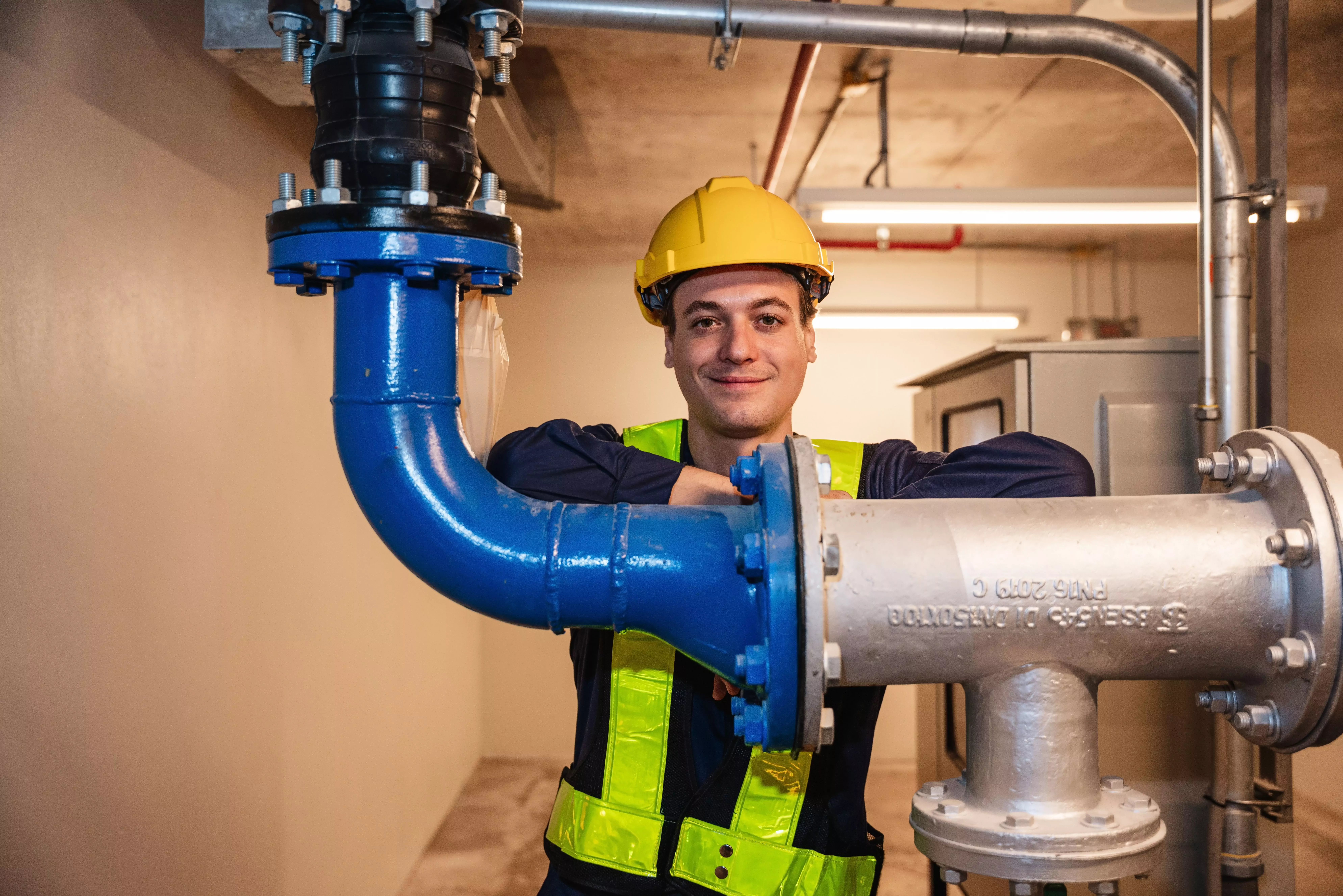 Industrial piping professional in safety gear stands behind high-pressure pipe assembly labeled ASTM A-105 in a mechanical facility.