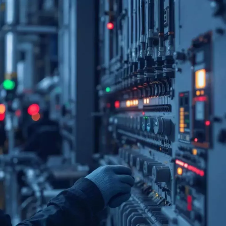 Hand of an electrical designer or engineer operating controls on a complex industrial electrical panel with indicator lights.