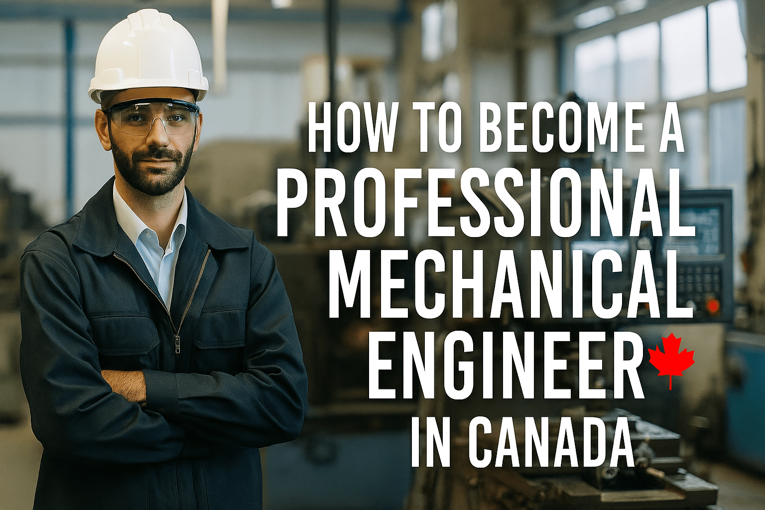 Professional Mechanical Engineer in hard hat and safety glasses, with text: "How to Become a Professional Mechanical Engineer in Canada.