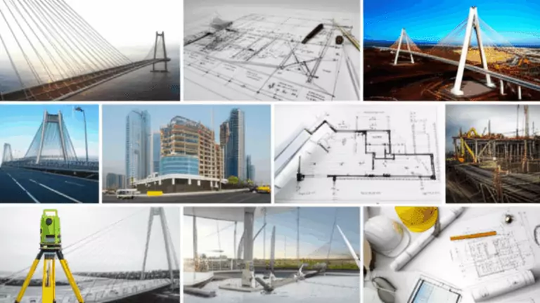 Collage of civil engineering projects, blueprints, surveying, and construction for portfolio guide.