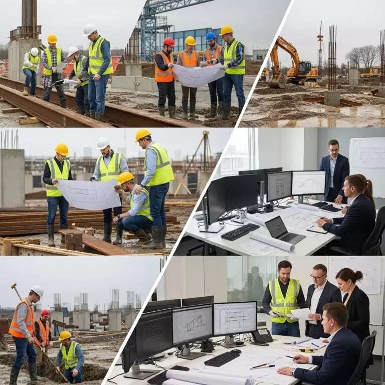 Civil and structural engineers working on site and in the office. Field inspections, design planning, and project coordination.