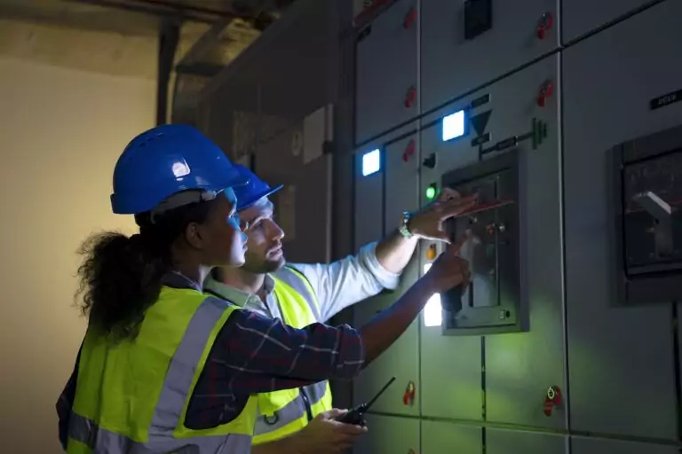 Two electrical workers in PPE coordinating emergency response at industrial switchgear panel