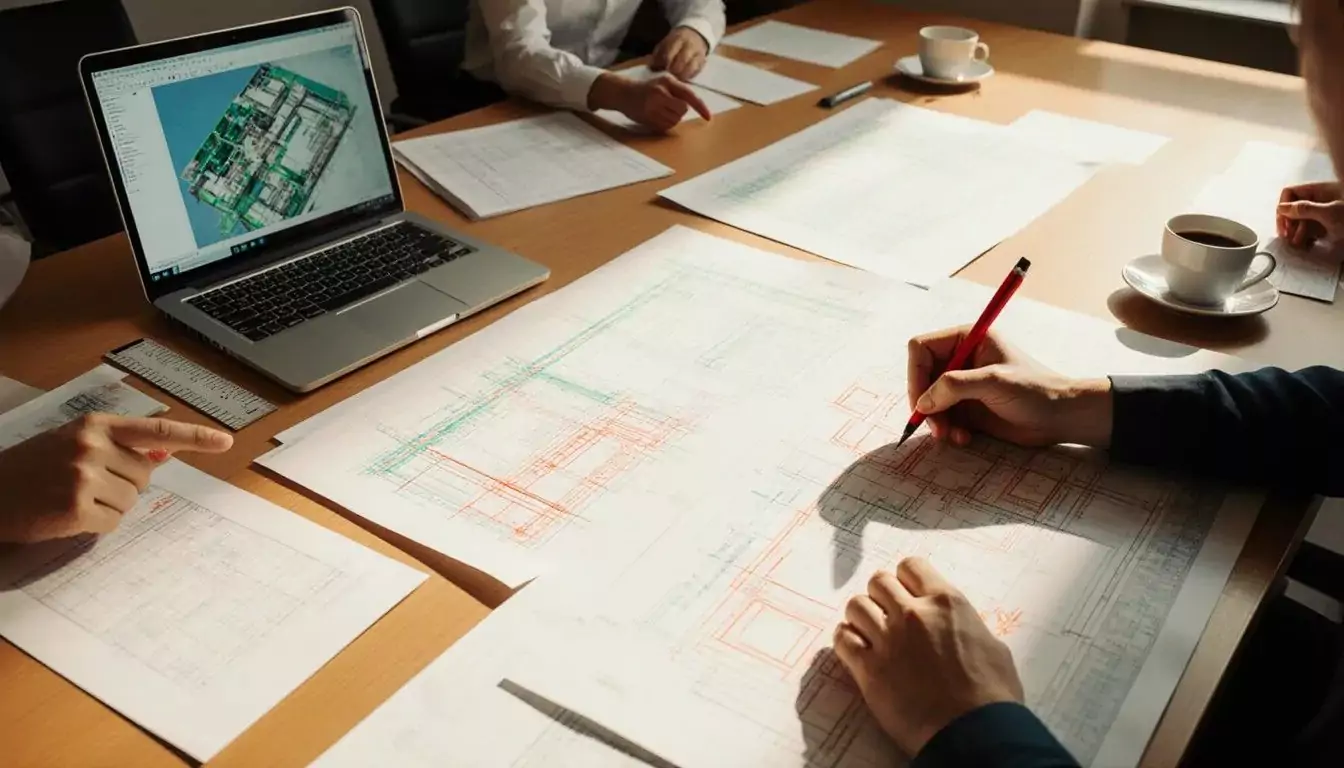 Engineering team reviewing 3D model and layout drawings to manage design revisions in a capital project