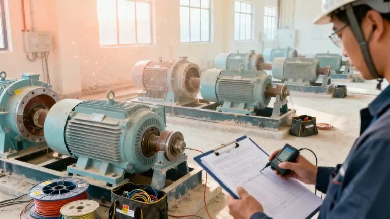 Technician performing motor testing before startup with handheld meter and checklist in an industrial facility