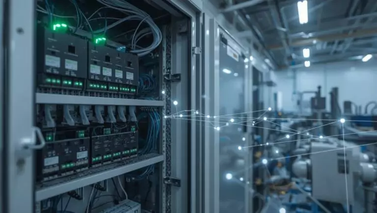 Industrial remote I/O cabinet with Ethernet modules and network connectivity visualization in facility