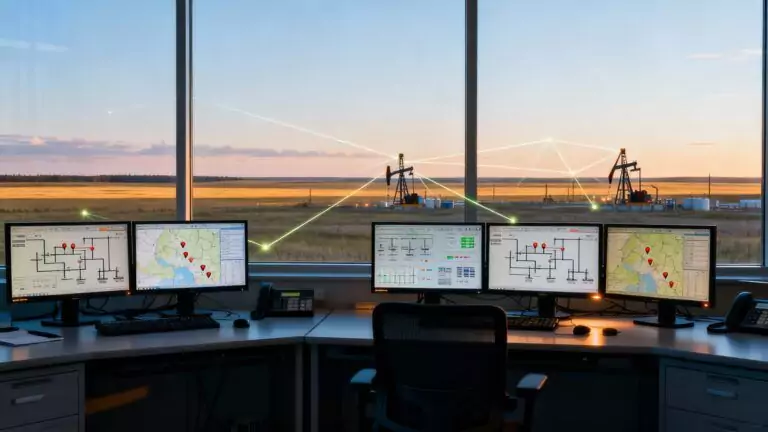Remote SCADA monitoring control room with live site maps and alarms, overlooking oilfield pump stations