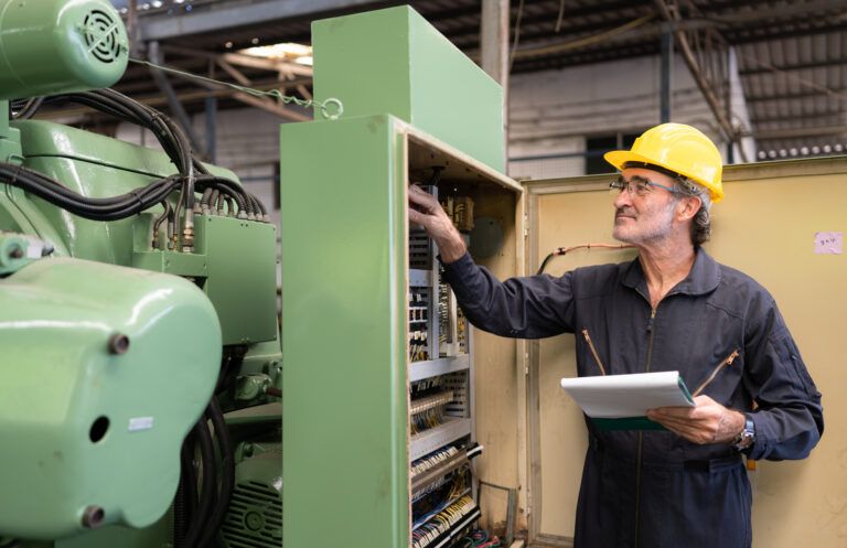 Senior engineer inspecting an industrial electrical control panel during scheduled equipment maintenance