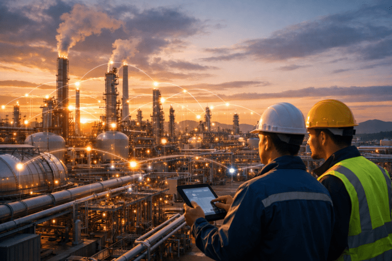 Engineers monitoring carbon emissions data at a large industrial process facility with digital environmental tracking visualization