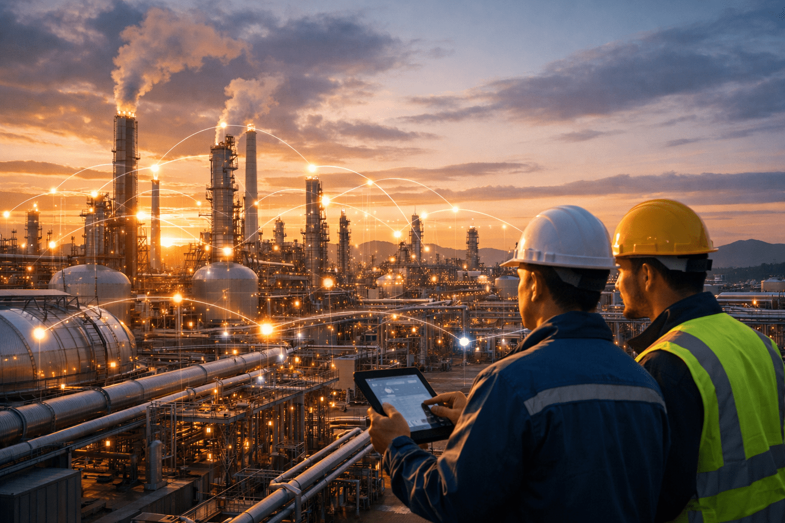 Engineers monitoring carbon emissions data at a large industrial process facility with digital environmental tracking visualization