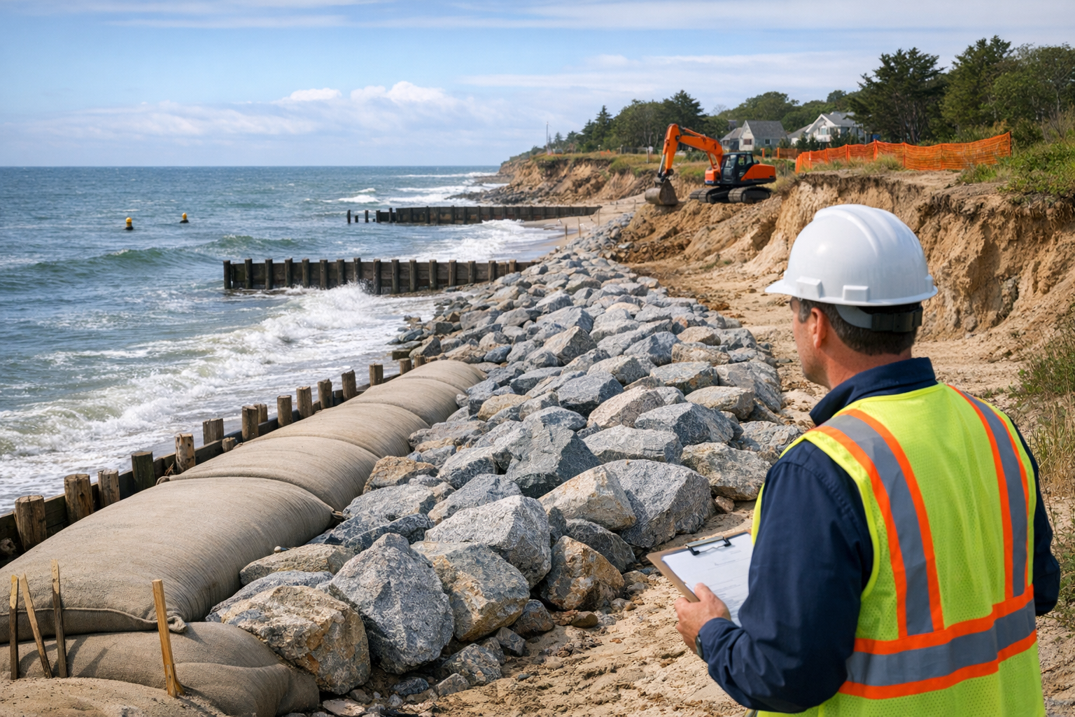 Civil engineer inspecting coastal erosion management site with rock revetment, geotextile bags, and timber groynes