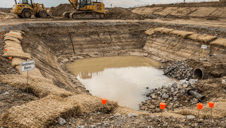 Sediment basin on industrial construction site capturing runoff with excavators and outlet pipe for erosion control