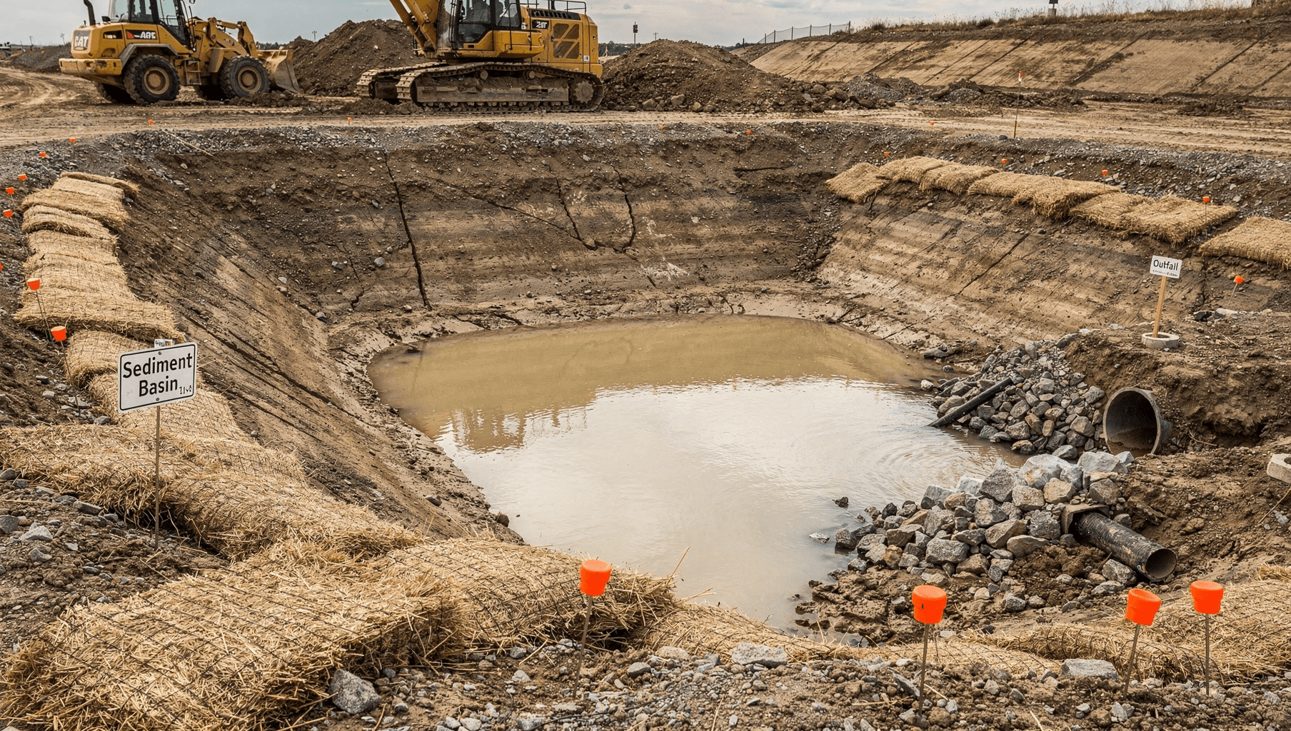 Sediment basin on industrial construction site capturing runoff with excavators and outlet pipe for erosion control