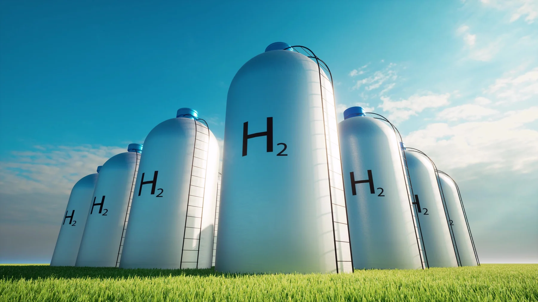 Large hydrogen storage tanks labeled H2 outdoors