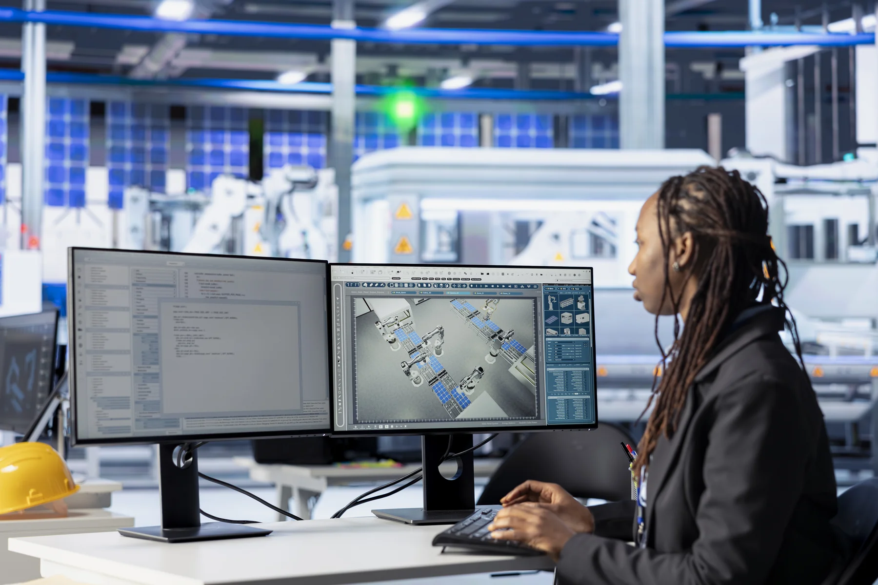 Engineer designing robotic assembly line on dual monitors